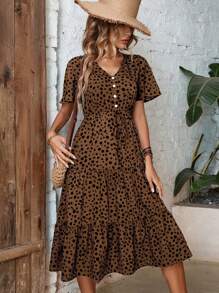 EMERY ROSE Dalmatian Print Knot Front Ruffle Hem Dress Maxi Women Outfit - Coffee Brown - View 4