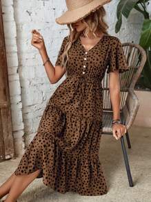 EMERY ROSE Dalmatian Print Knot Front Ruffle Hem Dress Maxi Women Outfit - Coffee Brown - View 5