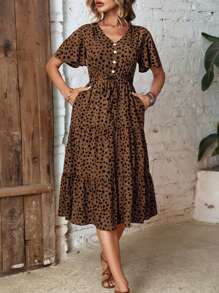 EMERY ROSE Dalmatian Print Knot Front Ruffle Hem Dress Maxi Women Outfit - Coffee Brown - View 6