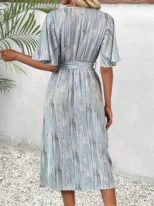 SHEIN VCAY Allover Print Butterfly Sleeve Belted Dress - Green - View 2