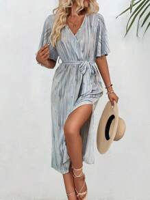 SHEIN VCAY Allover Print Butterfly Sleeve Belted Dress - Green - View 4