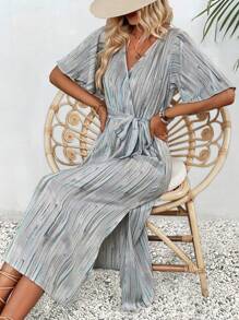 SHEIN VCAY Allover Print Butterfly Sleeve Belted Dress - Green - View 5