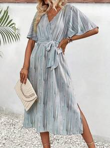 SHEIN VCAY Allover Print Butterfly Sleeve Belted Dress - Green - View 6