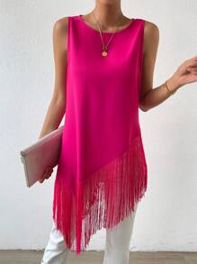 SHEIN Privé Fringe Hem Tank Top - Hot Pink - View 1
