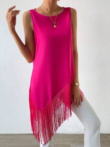 SHEIN Privé Fringe Hem Tank Top - Hot Pink - View 3