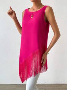 SHEIN Privé Fringe Hem Tank Top - Hot Pink - View 5