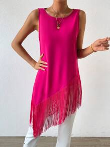 SHEIN Privé Fringe Hem Tank Top - Hot Pink - View 6