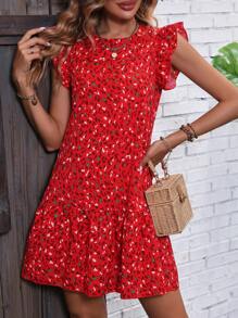 SHEIN LUNE 满版印花荷叶边饰罩衫连衣裙 适合新年服装 - 紅色 - 查看 5