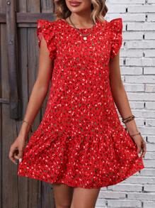 SHEIN LUNE 满版印花荷叶边饰罩衫连衣裙 适合新年服装 - 紅色 - 查看 6