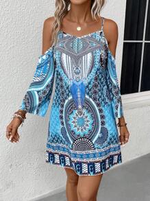 SHEIN LUNE 幾何印花挖肩連衣裙 - 藍色 - 查看 1