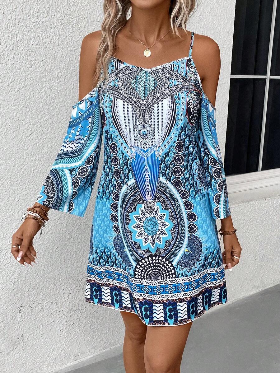 SHEIN LUNE 幾何印花挖肩連衣裙 - 藍色 - 查看 1