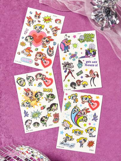 THE POWERPUFF GIRLS X SHEIN 4 láminas de pegatinas tatuaje con patrón de los personajes de dibujos animados Flor, Burbuja y Cebollita