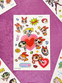 THE POWERPUFF GIRLS X SHEIN 4 láminas de pegatinas tatuaje con patrón de los personajes de dibujos animados Flor, Burbuja y Cebollita - Multicolor - Ver 6
