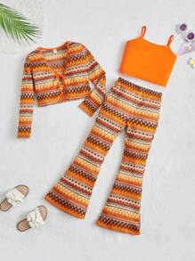 SHEIN Cô gái Tween Cami ngọn & Quần ống loe & Tie Trước Áo khoác - Nhiều màu - Xem 1