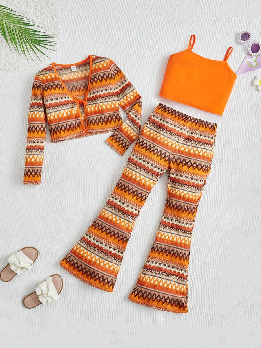 SHEIN Cô gái Tween Cami ngọn & Quần ống loe & Tie Trước Áo khoác - Nhiều màu - Xem 1