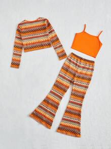 SHEIN Cô gái Tween Cami ngọn & Quần ống loe & Tie Trước Áo khoác - Nhiều màu - Xem 2