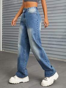 SHEIN EZwear Stepped Waist Jeans - Medium Wash - View 4