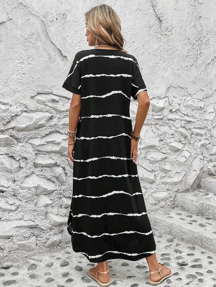 Striped Batwing Sleeve Curved Hem Dress,Casual