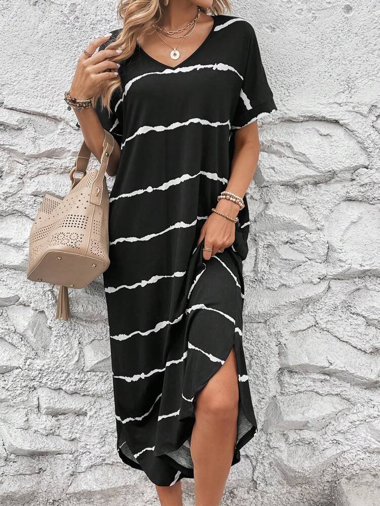 Striped Batwing Sleeve Curved Hem Dress,Casual