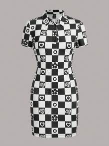 SHEIN Qutie Checkerboard & Floral Print Button Front Bodycon Dress - Black and White - View 1