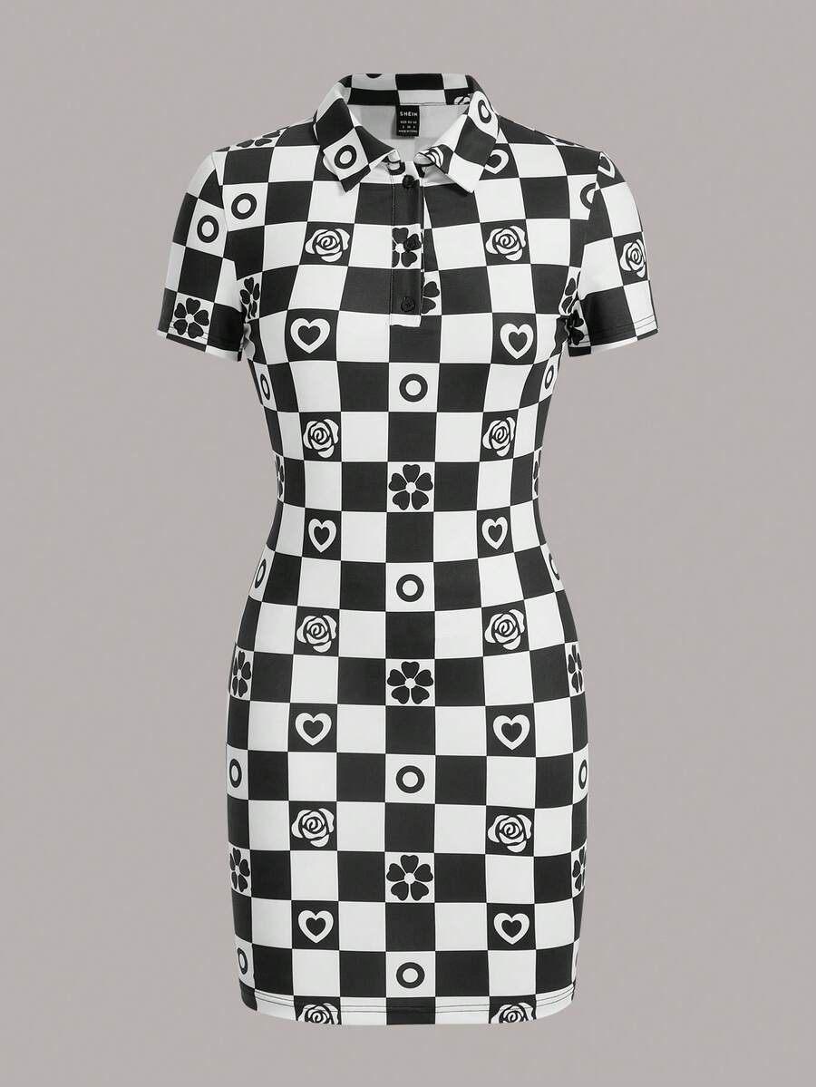 SHEIN Qutie Checkerboard & Floral Print Button Front Bodycon Dress - Black and White - View 1