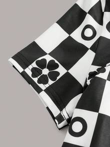 SHEIN Qutie Checkerboard & Floral Print Button Front Bodycon Dress - Black and White - View 3
