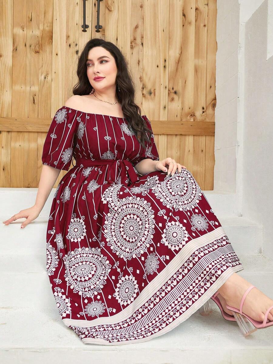 Modelyn Burgundy Red Plus Off Shoulder Belted Dress - Burgundy - View 1