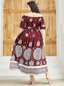 Modelyn Burgundy Red Plus Off Shoulder Belted Dress - Burgundy - View 2