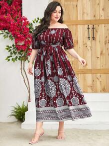 Modelyn Burgundy Red Plus Off Shoulder Belted Dress - Burgundy - View 4