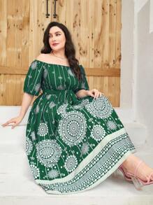 Modelyn Talla grande Vestido con cinturón de hombros descubiertos - Verde Oscuro - Ver 1
