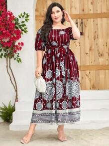 Modelyn Burgundy Red Plus Off Shoulder Belted Dress - Burgundy - View 5