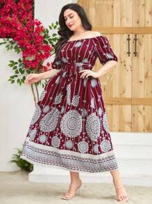 Modelyn Burgundy Red Plus Off Shoulder Belted Dress - Burgundy - View 6