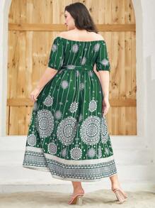 Modelyn Talla grande Vestido con cinturón de hombros descubiertos - Verde Oscuro - Ver 2