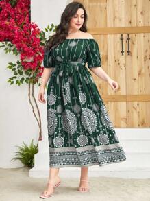 Modelyn Talla grande Vestido con cinturón de hombros descubiertos - Verde Oscuro - Ver 4