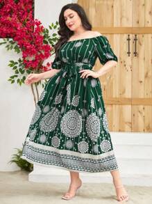 Modelyn Talla grande Vestido con cinturón de hombros descubiertos - Verde Oscuro - Ver 6