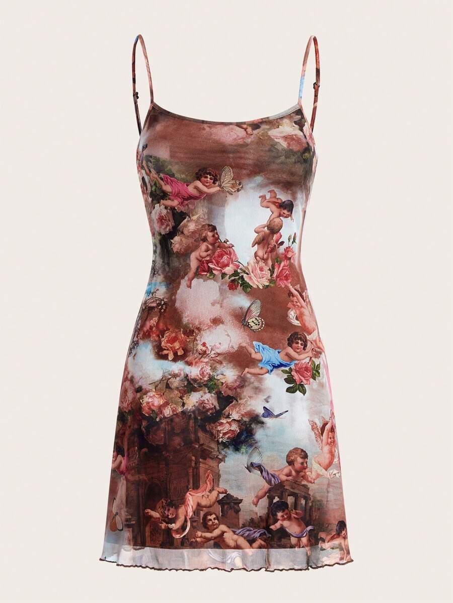 SHEIN EZwear Figure Graphic Lettuce Trim Mesh Cami Dress - Multicolor - View 1