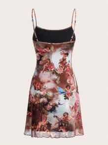 SHEIN EZwear Figure Graphic Lettuce Trim Mesh Cami Dress - Multicolor - View 2