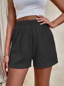 SHEIN Essnce Solid Elastic Waist Shorts - Black - View 1