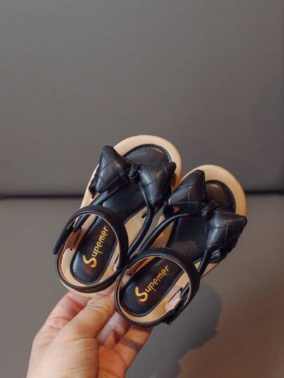 女孩蝴蝶結裝飾魔術貼可愛踝帶平底涼鞋適合夏天