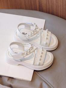 Cô gái Faux Pearl Decor Ruched Chi tiết Criss Cross Party Quai đeo mắt cá chân cho mùa hè - Màu be - Xem 1