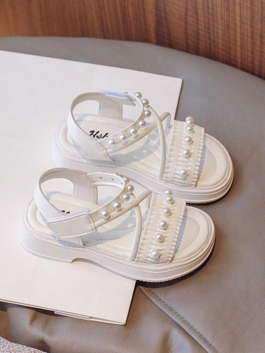 Cô gái Faux Pearl Decor Ruched Chi tiết Criss Cross Party Quai đeo mắt cá chân cho mùa hè - Màu be - Xem 1