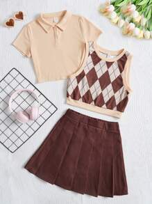 SHEIN Teen Girl Argyle Print Tank Top & Pleated Skirt & Polo Neck Tee - Multicolor - View 1