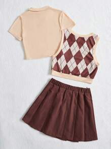 SHEIN Teen Girl Argyle Print Tank Top & Pleated Skirt & Polo Neck Tee - Multicolor - View 2