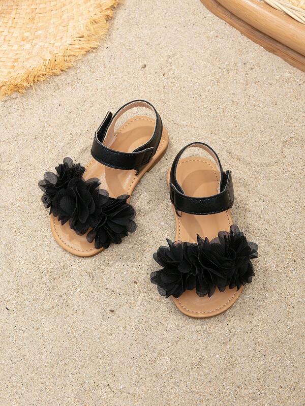 1 Pair Cute & Pretty Floral Decor Hook And Loop Flat Sandals For Girls