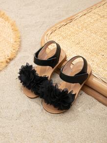 1 Pair Cute & Pretty Floral Decor Hook And Loop Flat Sandals For Girls - Black - View 3