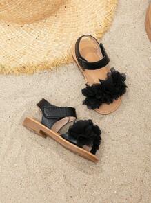 1 Pair Cute & Pretty Floral Decor Hook And Loop Flat Sandals For Girls - Black - View 5