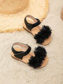 1 Pair Cute & Pretty Floral Decor Hook And Loop Flat Sandals For Girls - Black - View 6