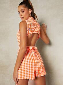 L'Amorae 格子印花剪裁連體短褲 - 彩色 - 查看 2