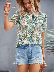 SHEIN VCAY Áo sơ mi nữ viền lá sen Thắt nơ trước Nhiệt đới Boho - Nhiều màu - Xem 6