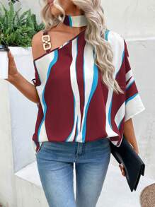 SHEIN LUNE 撞色鏈條細節不對稱領蝙蝠袖襯衫 - 紅色 - 查看 3